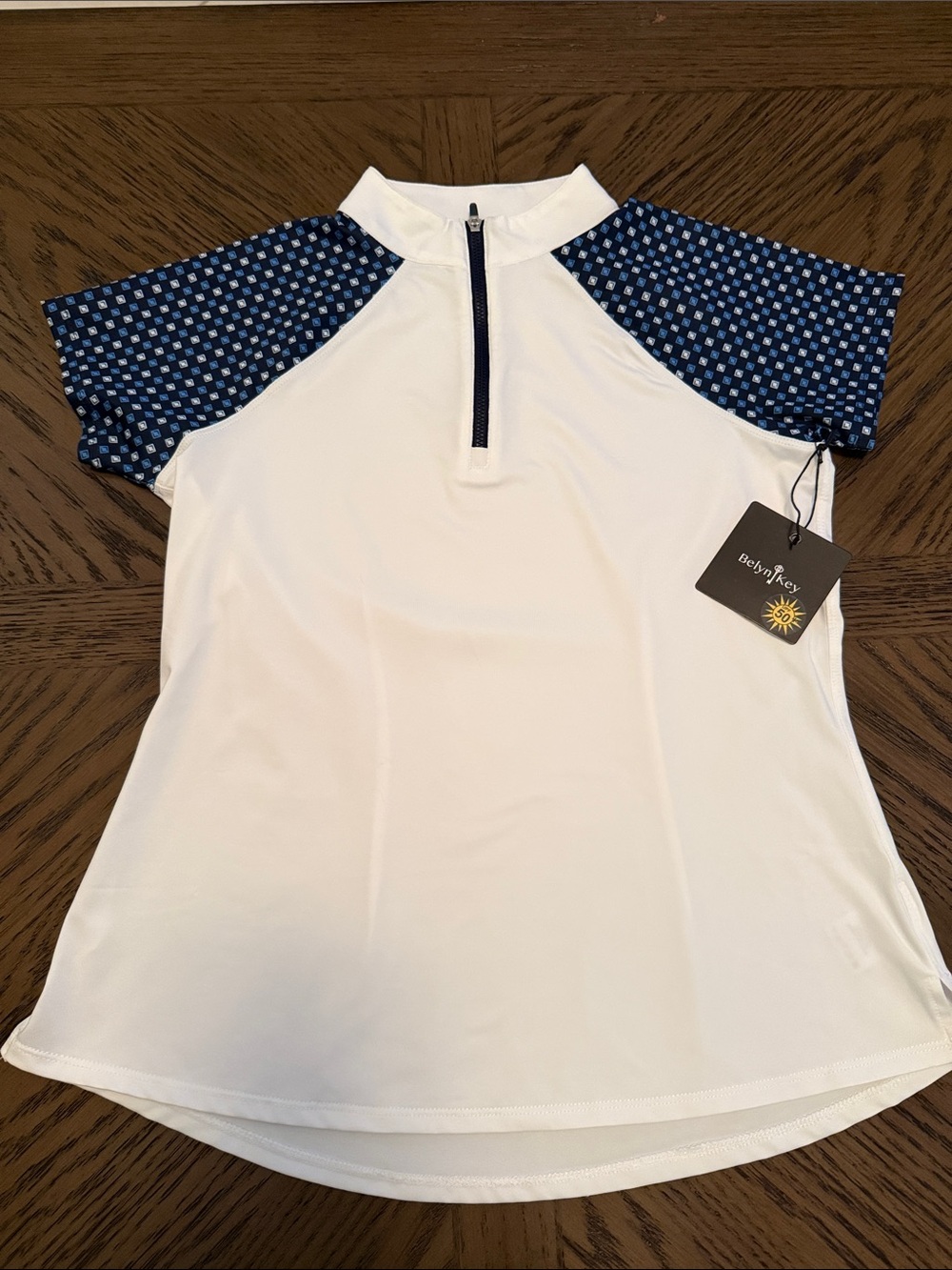Belyn Key White Short Sleeve Zip Front Top with Navy Patterned Sleeves